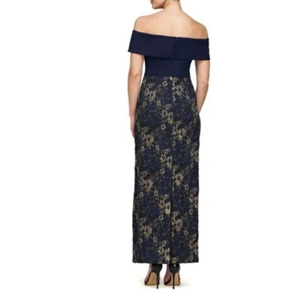 JS Collections Stretch Crepe Metallic Jacquard Off The Shoulder Gown - Picture 2 of 8